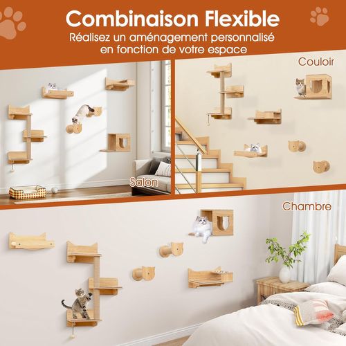 Arbre à Chat Mural En Bois, 6 Pièces Parcours Chat, Hamac, Condo, Plateforme Avec 2 Gamelles