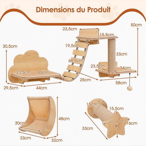 Arbre à Chat Mural En Bois, 6 Pièces Parcours Chat, Hamac En Forme De Lune, Pont, 2 Marches