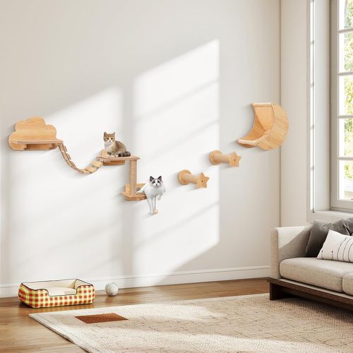 Arbre à Chat Mural En Bois, 6 Pièces Parcours Chat, Hamac En Forme De Lune, Pont, 2 Marches