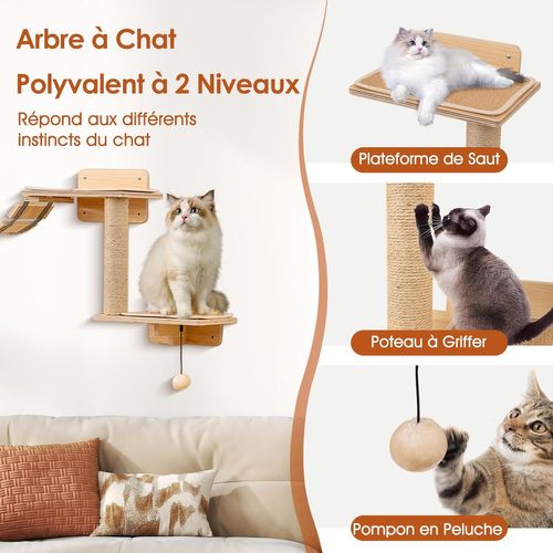 Arbre à Chat Mural En Bois, 6 Pièces Parcours Chat, Hamac En Forme De Lune, Pont, 2 Marches
