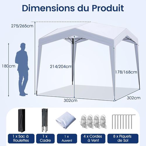 Tonnelle De Jardin Pop-up 302 X 302 Cm, Tente Réception Avec Sac à Roulettes Portable (blanc)