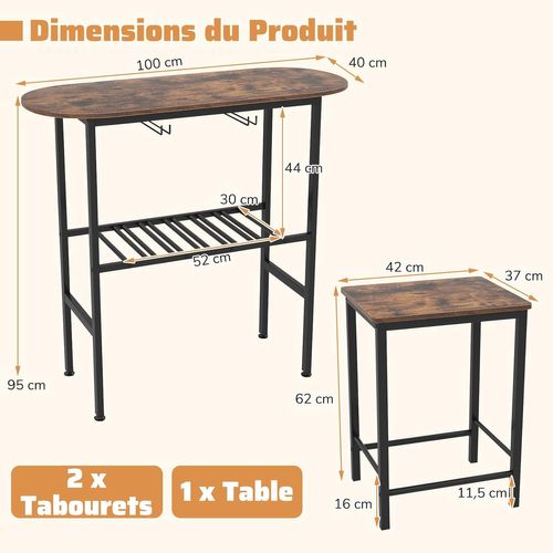 Table Cuisine Avec Tabourets, Table De Cuisine 2 Personnes, 2 Porte-bouteilles(marron Rustique)
