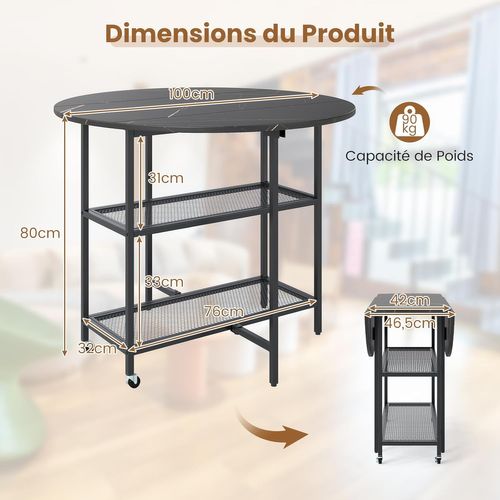 Table Pliante Cuisine Ronde, Table à Manger Extensible Sur Roulettes Pour 2-4 Personnes (noir)
