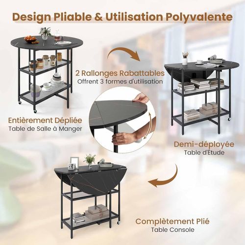 Table Pliante Cuisine Ronde, Table à Manger Extensible Sur Roulettes Pour 2-4 Personnes (noir)