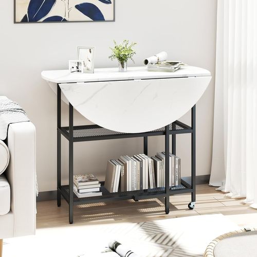 Table Pliante Cuisine Ronde, Table à Manger Extensible Sur Roulettes Pour 2-4 Personnes (blanc)