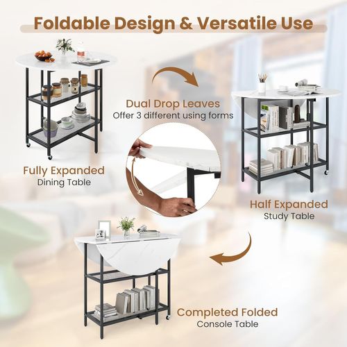 Table Pliante Cuisine Ronde, Table à Manger Extensible Sur Roulettes Pour 2-4 Personnes (blanc)
