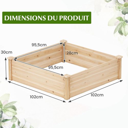 Jardinière Surélevée Carré En Bois De Sapin Base Ouverte 102 X 102 X 30 Cm, Lit De Jardin
