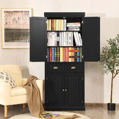 Armoire Chambre 4 Portes Avec Grand Tiroir, 4 Étagères Réglables, Buffet Cuisine 183 Cm, Chambre