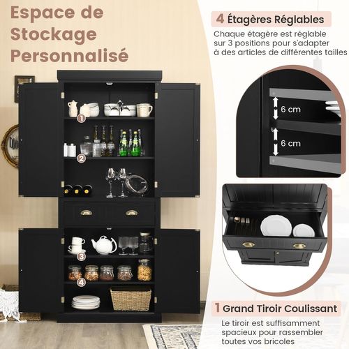 Armoire Chambre 4 Portes Avec Grand Tiroir, 4 Étagères Réglables, Buffet Cuisine 183 Cm, Chambre