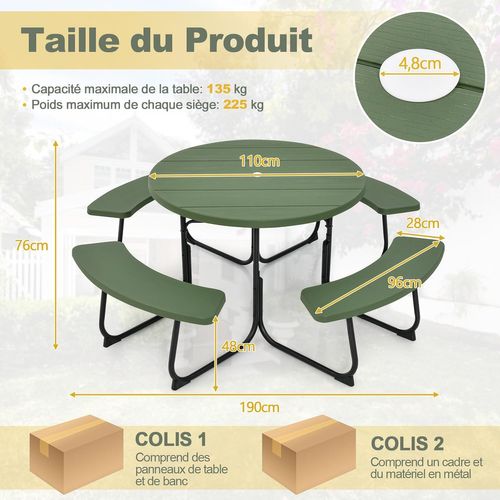 Ensemble Table De Pique-nique Avec 4 Bancs Intégrés,trou Pour Parasol, 190 X 76 Cm (vert)