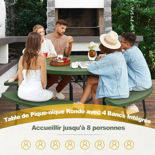 Ensemble Table De Pique-nique Avec 4 Bancs Intégrés,trou Pour Parasol, 190 X 76 Cm (vert)