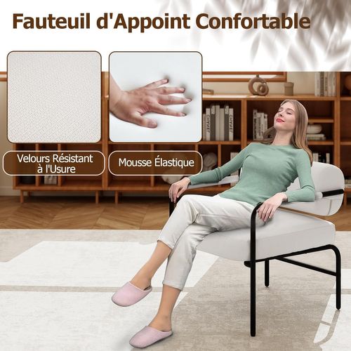 Fauteuil D'appoint Rembourré Velours Avec Dossier Cylindrique, Fauteuil De Loisirs Moderne,blanc