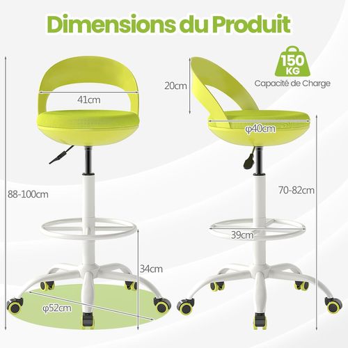 Tabouret Roulant Rond Avec Repose-pieds, Hauteur D'assise 70-82 Cm, Fauteuil De Bureau, Vert