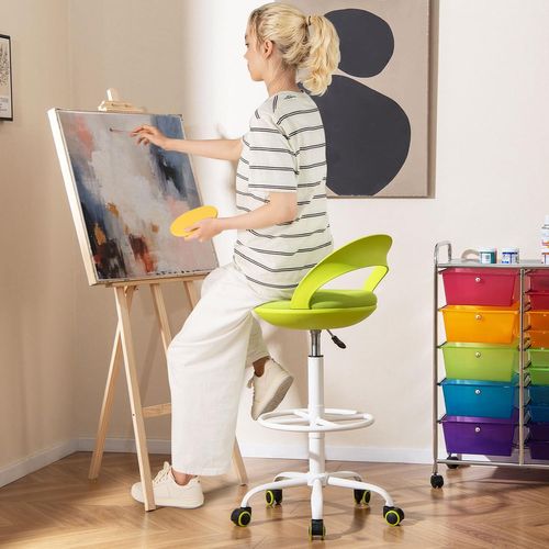 Tabouret Roulant Rond Avec Repose-pieds, Hauteur D'assise 70-82 Cm, Fauteuil De Bureau, Vert