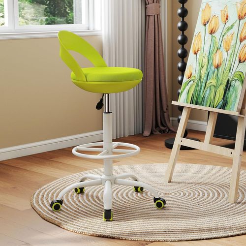 Tabouret Roulant Rond Avec Repose-pieds, Hauteur D'assise 70-82 Cm, Fauteuil De Bureau, Vert