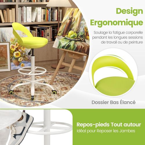 Tabouret Roulant Rond Avec Repose-pieds, Hauteur D'assise 70-82 Cm, Fauteuil De Bureau, Vert