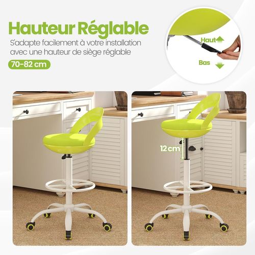 Tabouret Roulant Rond Avec Repose-pieds, Hauteur D'assise 70-82 Cm, Fauteuil De Bureau, Vert