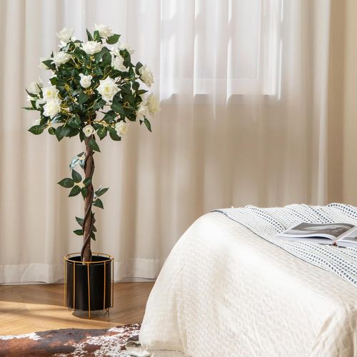 Plante Artificielle De 120 Cm En Pot, Fausse Fleurs Avec Pot De Pépinière Roses Blanches
