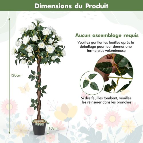Plante Artificielle De 120 Cm En Pot, Fausse Fleurs Avec Pot De Pépinière Roses Blanches