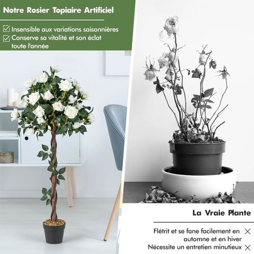 Plante Artificielle De 120 Cm En Pot, Fausse Fleurs Avec Pot De Pépinière Roses Blanches
