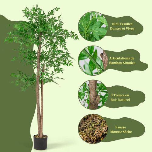 Plante Artificielle De 150 Cm, Imitation Bambou Avec 1 020 Feuilles Tronc En Bois Naturel