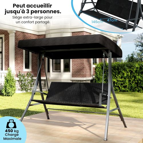 Balancelle Jardin 3 Places Toit Réglable Métal Rotin ,charge 450kg, 118 X 192 X 165cm,noir