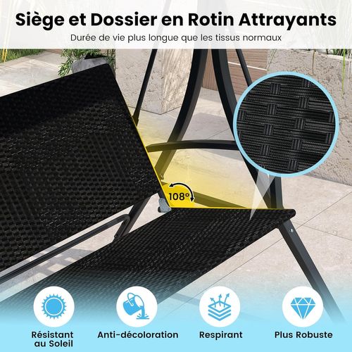 Balancelle Jardin 3 Places Toit Réglable Métal Rotin ,charge 450kg, 118 X 192 X 165cm,noir