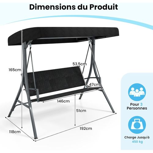 Balancelle Jardin 3 Places Toit Réglable Métal Rotin ,charge 450kg, 118 X 192 X 165cm,noir