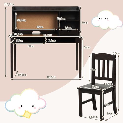 Bureau Chaise et Tableau D'affichage En Liège, En Bois Avec Étagère Réglable et 3 Tiroirs,Noir