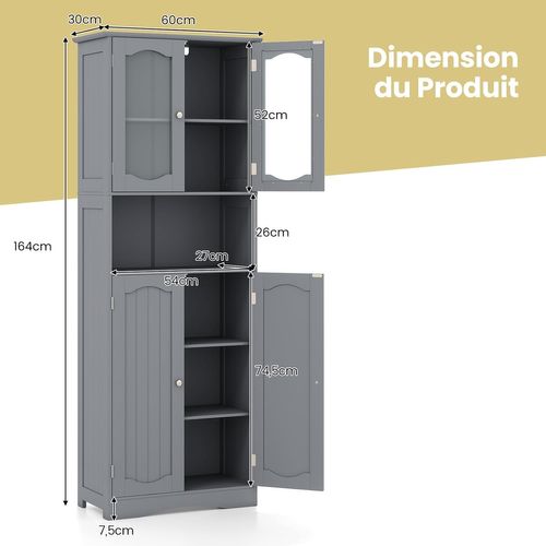 Meuble De Salle De Bain à 4 Portes Et 1 Grand Compartiment Ouverte, Armoire Haute Avec Porte, Gris