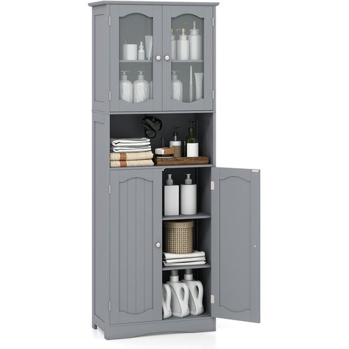 Meuble De Salle De Bain à 4 Portes Et 1 Grand Compartiment Ouverte, Armoire Haute Avec Porte, Gris