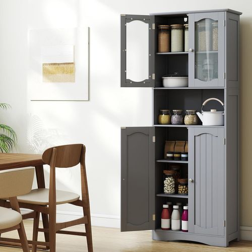 Meuble De Salle De Bain à 4 Portes Et 1 Grand Compartiment Ouverte, Armoire Haute Avec Porte, Gris