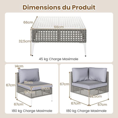 Ensemble De Meubles D'extérieur 5 Pièces En Osier Charge 180kg, Salon De Jardin,gris