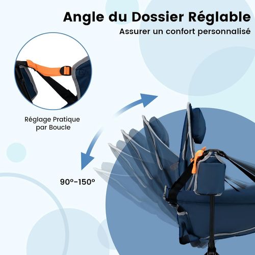 Chaise Pliante Camping à Bascule, Dossier Réglable, Porte-gobelet, Appuie-tête (bleu)