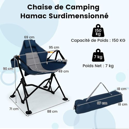 Chaise Pliante Camping à Bascule, Dossier Réglable, Porte-gobelet, Appuie-tête (bleu)