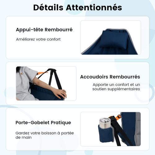Chaise Pliante Camping à Bascule, Dossier Réglable, Porte-gobelet, Appuie-tête (bleu)