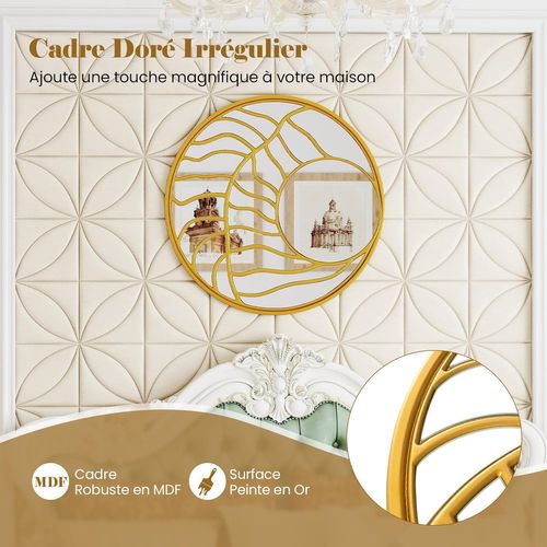 Miroir Mural Rond Ø80 Cm, Cadre Irrégulier, 2 Crochets, Vis D'expansion Incluses, Doré