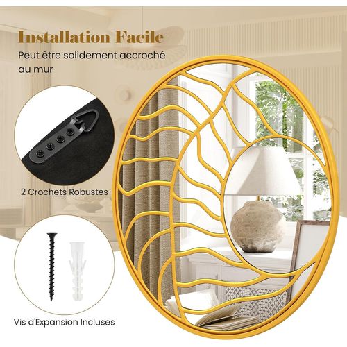 Miroir Mural Rond Ø80 Cm, Cadre Irrégulier, 2 Crochets, Vis D'expansion Incluses, Doré