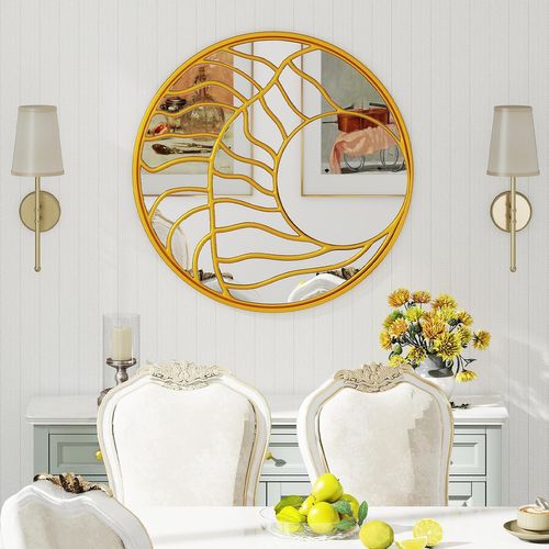 Miroir Mural Rond Ø80 Cm, Cadre Irrégulier, 2 Crochets, Vis D'expansion Incluses, Doré