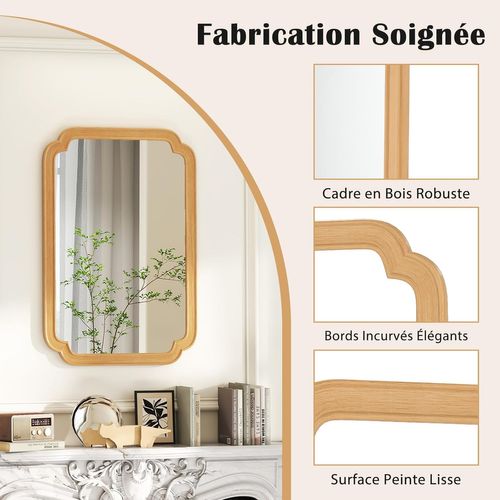 Miroir Mural Rectangulaire 90 X 60 Cm, Cadre En Bois, Montage Verticale/horizontale, Naturel