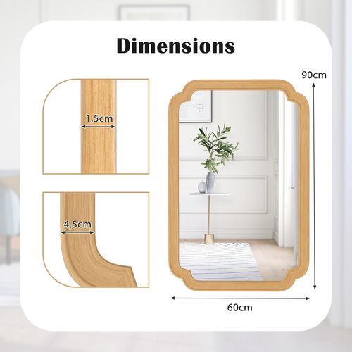 Miroir Mural Rectangulaire 90 X 60 Cm, Cadre En Bois, Montage Verticale/horizontale, Naturel