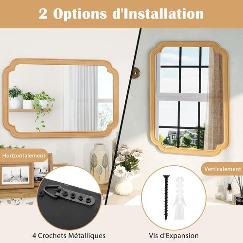 Miroir Mural Rectangulaire 90 X 60 Cm, Cadre En Bois, Montage Verticale/horizontale, Naturel