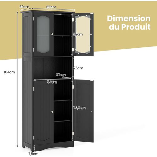 Meuble De Salle De Bain En Verre Dépoli Et 1 Grand Compartiment, 30 X 60 X 164 Cm, Noir