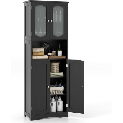 Meuble De Salle De Bain En Verre Dépoli Et 1 Grand Compartiment, 30 X 60 X 164 Cm, Noir