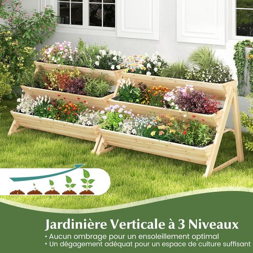Jardinière Surélevée Vertical à 3 Niveaux, Lit De Jardin En Bois De Sapin, 117 X 74 X 80 Cm