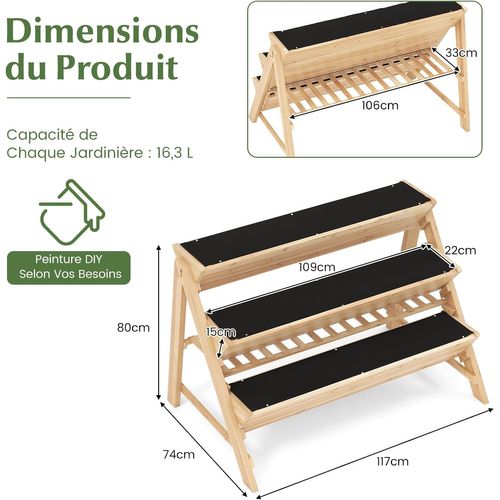 Jardinière Surélevée Vertical à 3 Niveaux, Lit De Jardin En Bois De Sapin, 117 X 74 X 80 Cm