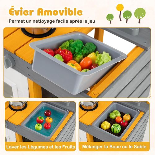 Cuisine Extérieure Enfant En Bois Avec Évier Et Robinet, Bouton Rotatif Et Four (gris + Jaune)