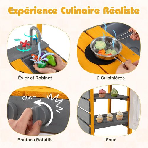Cuisine Extérieure Enfant En Bois Avec Évier Et Robinet, Bouton Rotatif Et Four (gris + Jaune)