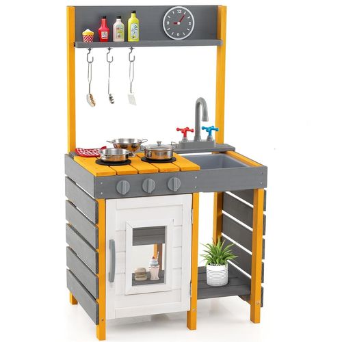 Cuisine Extérieure Enfant En Bois Avec Évier Et Robinet, Bouton Rotatif Et Four (gris + Jaune)