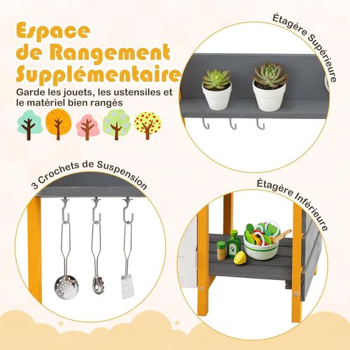 Cuisine Extérieure Enfant En Bois Avec Évier Et Robinet, Bouton Rotatif Et Four (gris + Jaune)